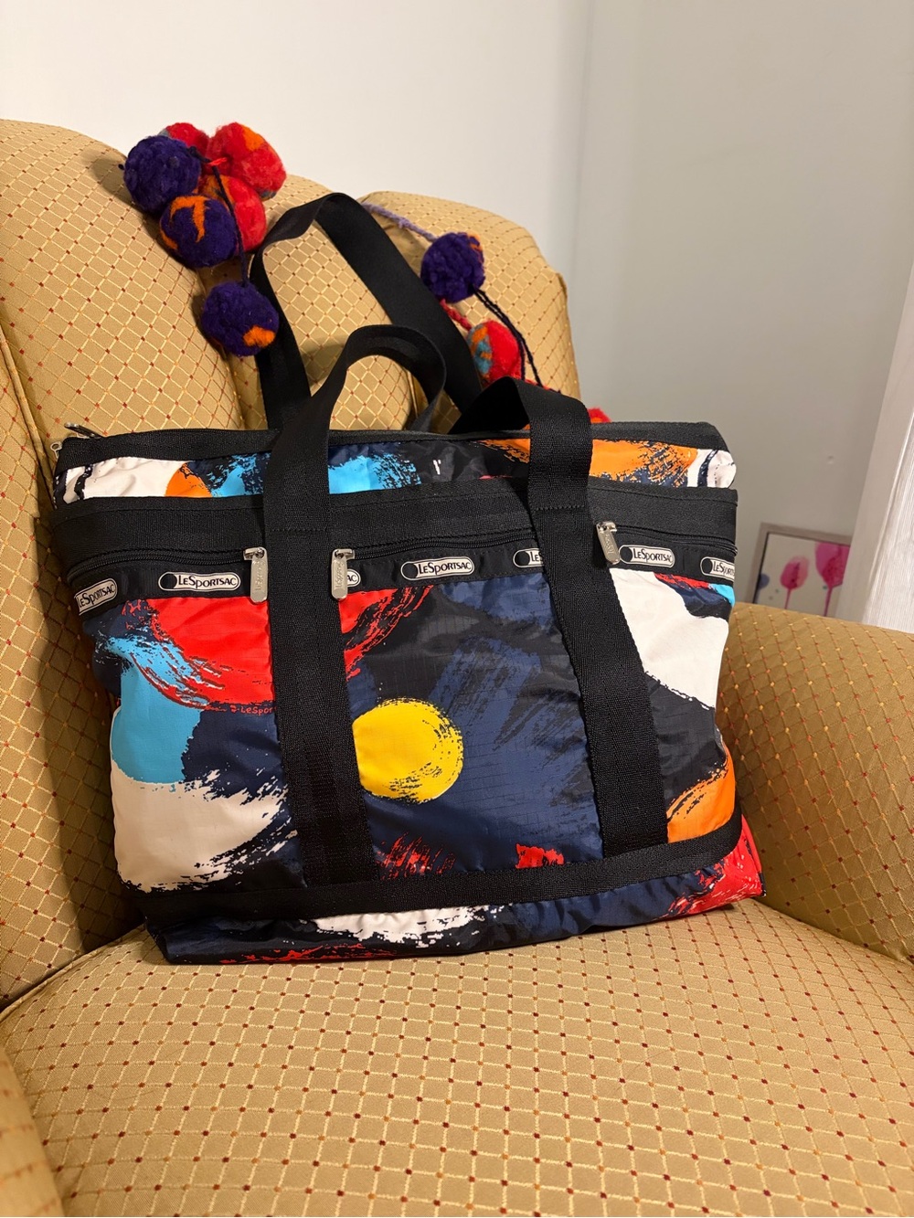 Lesportsac Black Tote with Yellow, Red & Blue Abstract Accents - Picture 3 of 7